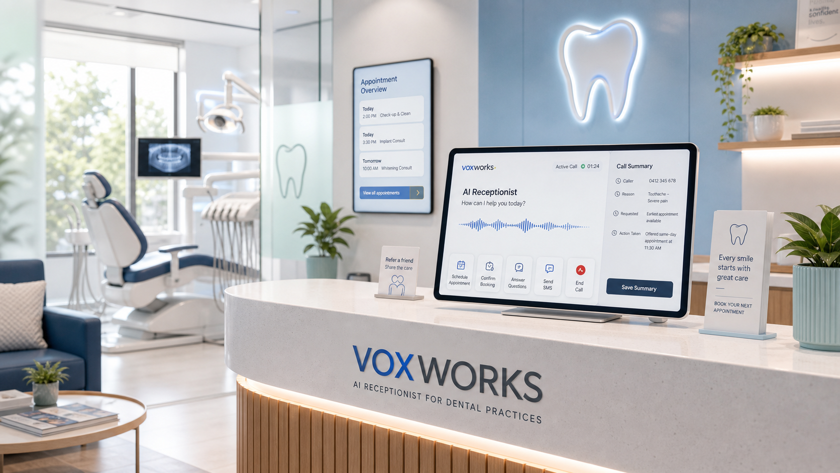 Voxworks-powered dental front desk with appointment and recall workflow