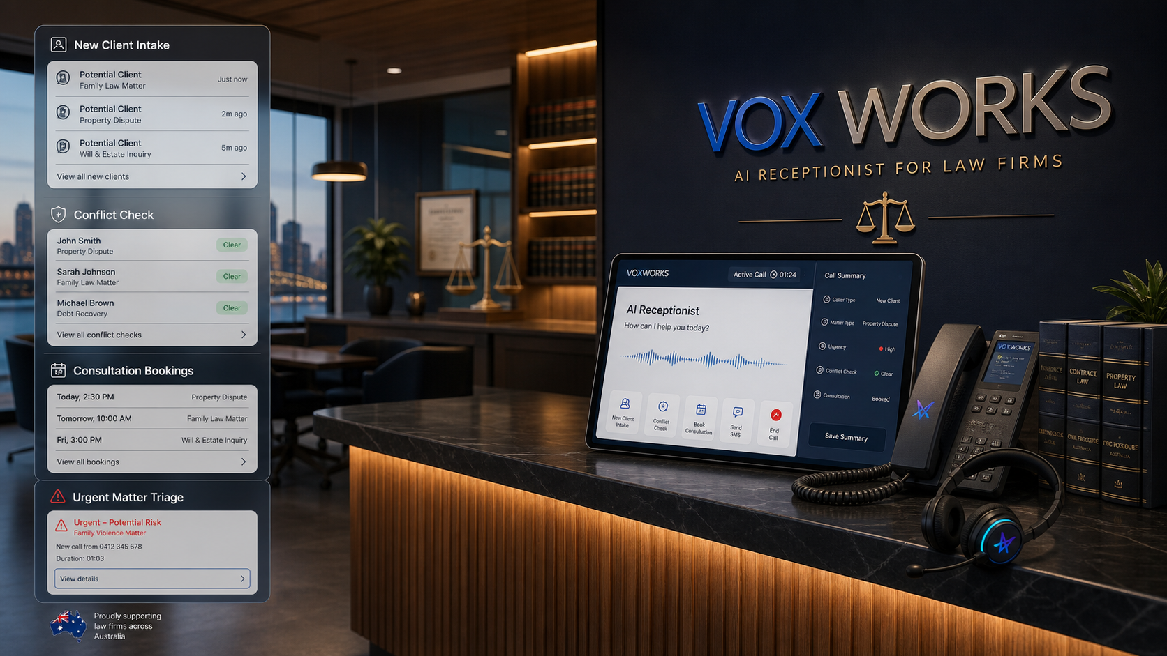 Voxworks-powered law firm reception with intake and conflict-check workflow